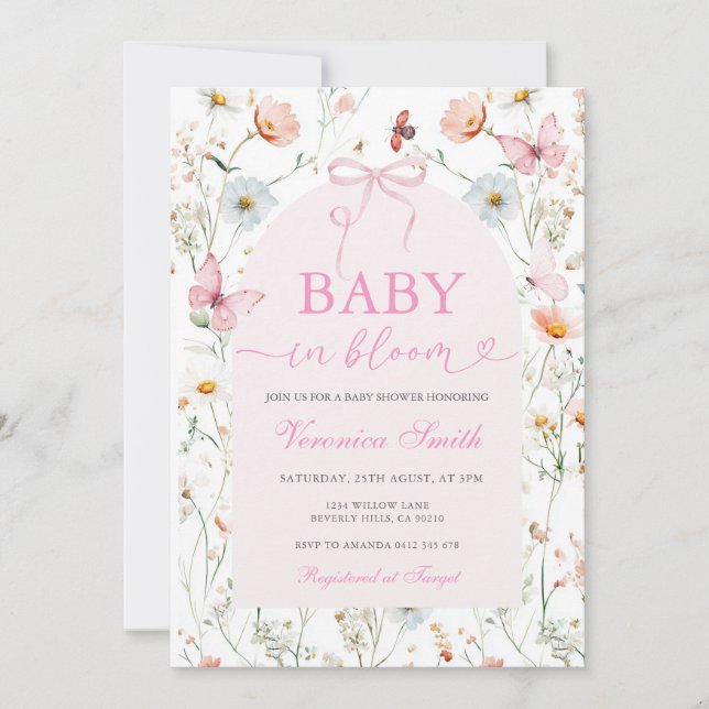 Baby i blom Wildflower Bow Babyfirande Inbjudningar (Framsida)