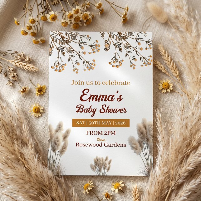 Baby i blom Wildflower Pampas Boho Bebis-babyshowe Inbjudningar (Skapare uppladdad)