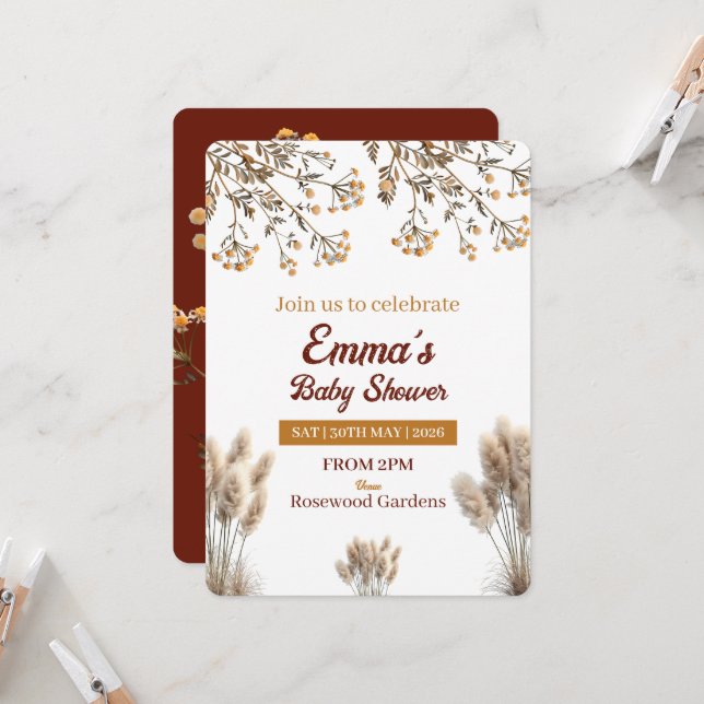 Baby i blom Wildflower Pampas Boho Bebis-babyshowe Inbjudningar (Fram/Back In Situ)