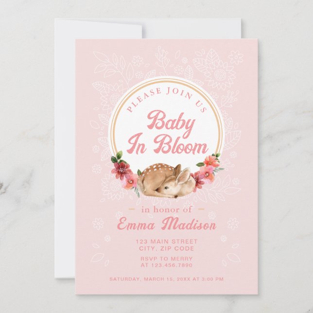Baby i blom Woodland Deer Rosa Badinbjudan Inbjudningar (Framsida)
