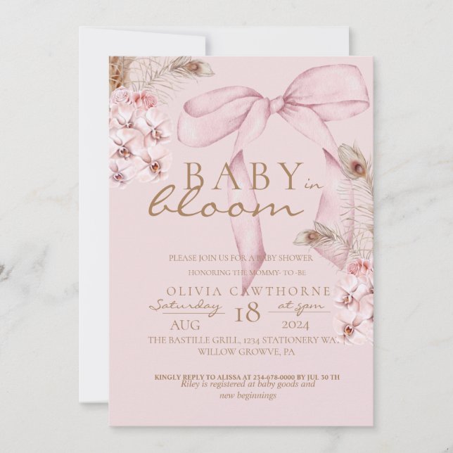 Baby i blomma  Rosa Blommigt Bow Baby Shower Inbjudningar (Framsida)