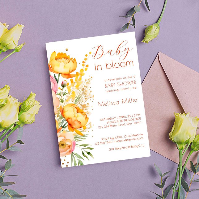 Baby i blomman av sommarblommor i vår inbjudningar (Baby in bloom spring summer yellow flowers baby shower editable template invitation digital download)