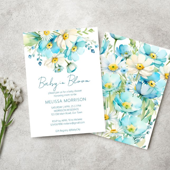 Baby i blomman av sommarblommor i vår inbjudningar (Baby in bloom spring summer flowers baby shower template invitation digital download blue daisies)