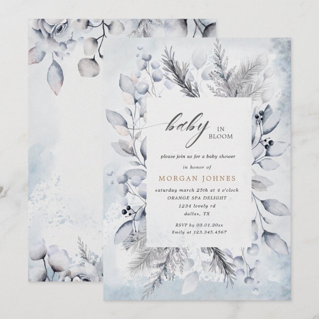 baby i blommigt-babyduschen för vintertid i inbjud (Fram/baksida)