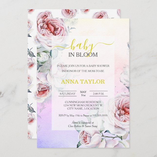 Baby i Blommigt för Rosa av  för  av babykläder i  Inbjudningar (Fram/baksida)