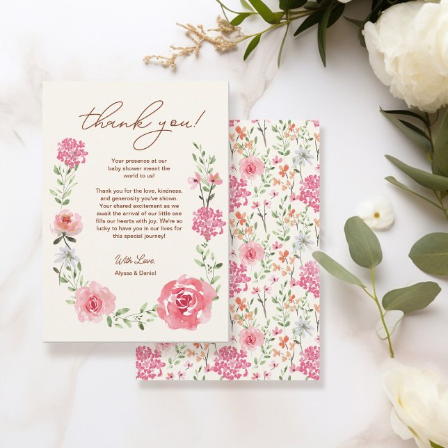 Baby i Blommigtar för vattenfärgsblåsa i blomma Tack Kort (Sweet Baby in bloom watercolor baby shower thank you card.)