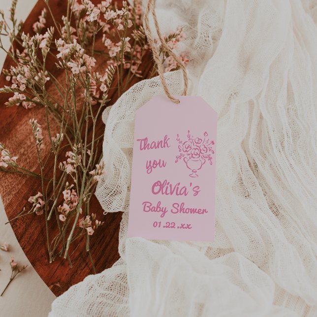 Baby i Blommigten Abquet Baby Shower i blodomritad Presentetikett (Skapare uppladdad)