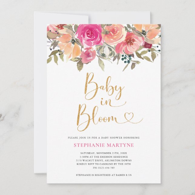 Baby i Blommigten Bläddra i blommans vattenfärgsfa Inbjudningar (Framsida)