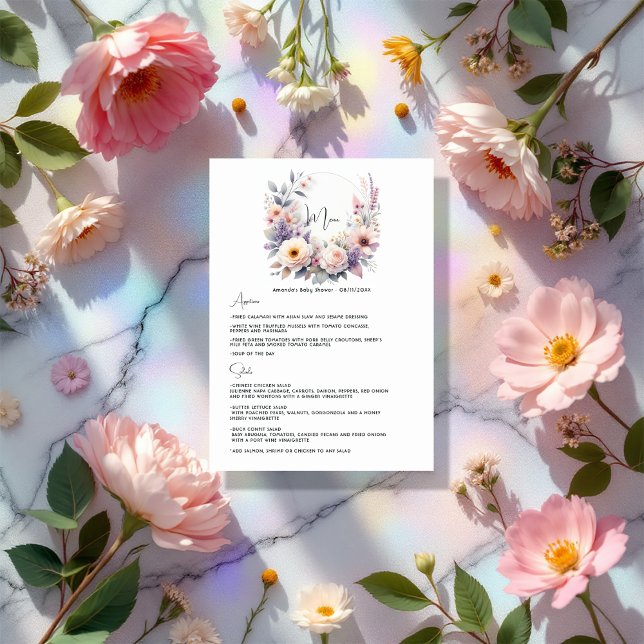 Baby i Blommigten för babykläder för Elegant i blo Meny (Baby in Bloom Elegant Floral Baby Shower Menu)
