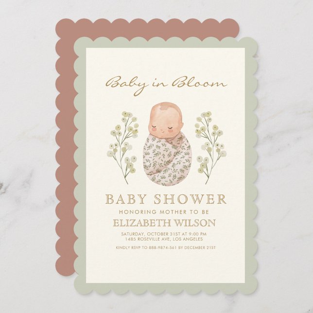 Baby i Blommigten Watercolor  Cute babdusch Inbjudningar (Skapare uppladdad)