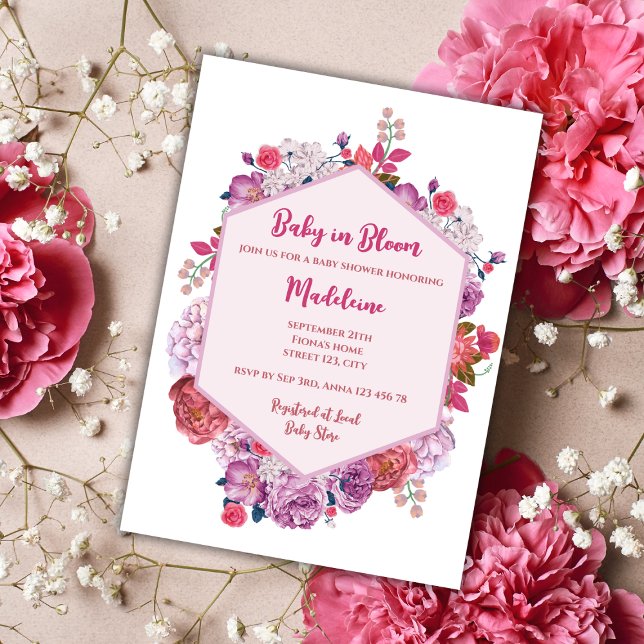 Baby i Blommigtens bloom, utandningsflicka Inbjudningar (baby in bloom baby shower invitation pink floral wreath elegant flowers)