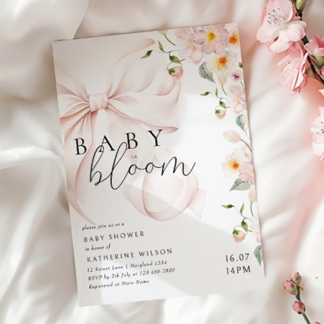 Baby i BLOMMMT-Rosa Bow Baby Shower-inbjudan Inbjudningar (Skapare uppladdad)