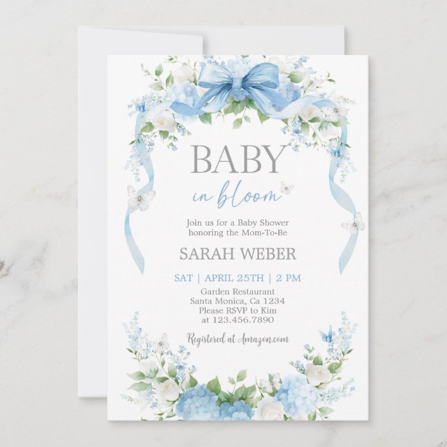 Baby i blomning Blå babyfirande Inbjudningar (Framsida)