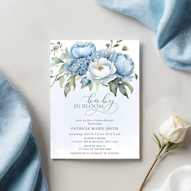 Baby i blomning Blå Blommig Pojke Babyfirande Inbjudningar (Baby in Bloom Blue Floral Boy Baby Shower Invitation)