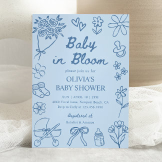Baby i blomning blå handritad pojke baby shower inbjudningar