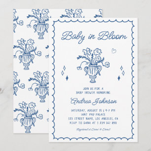 Baby i blomning blå handritad pojke baby shower inbjudningar