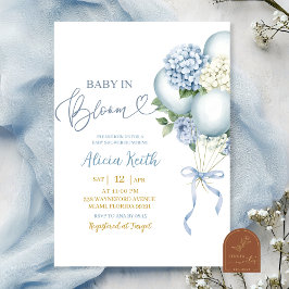 Baby i blomning Blå Hydrangea Ballong Bebis Shower Inbjudningar