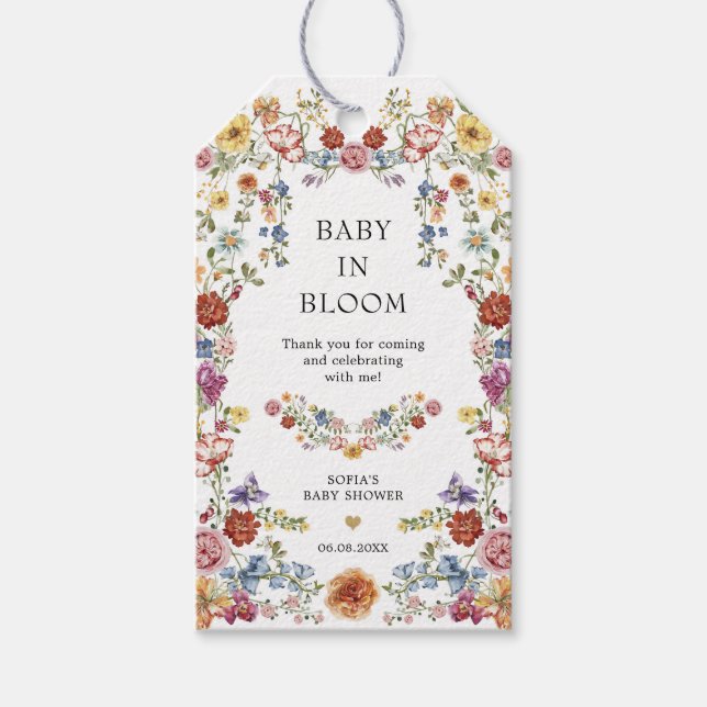 Baby i blomning Boho trädgårdsblommor Baby Shower Presentetikett (Framsidan)