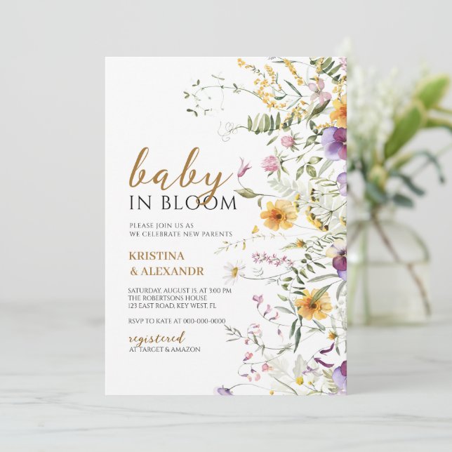 Baby i blomning gula och violetta vilda blommor du inbjudningar (Stående Fram)