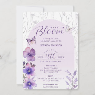 Baby i blomning lila blommig fjäril baby shower inbjudningar