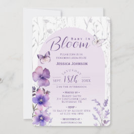 Baby i blomning lila blomster fjäril baby shower inbjudningar