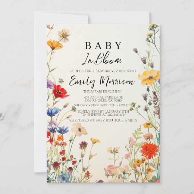 Baby i blomning och blommor i babykläder inbjudningar (Framsida)