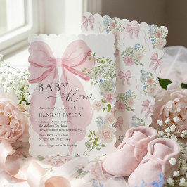 Baby i blomning Rosa band Baby shower Inbjudningar