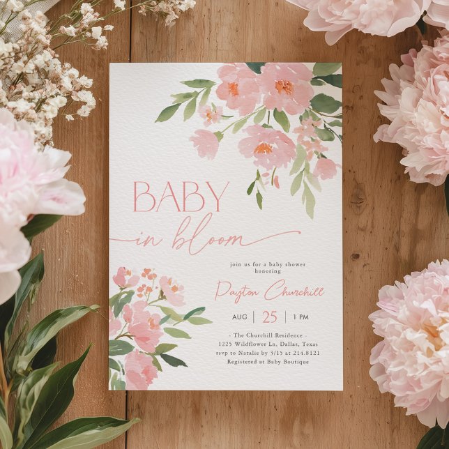 Baby i blomning Rosa blomster Babyshower Inbjudningar (Skapare uppladdad)