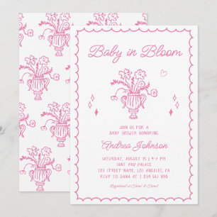 Baby i blomning Rosa Handritad Flick Bebis Shower Inbjudningar