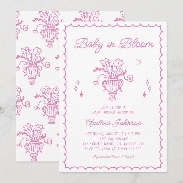 Baby i blomning Rosa Handritad Flick Bebis Shower Inbjudningar (Fram/baksida)