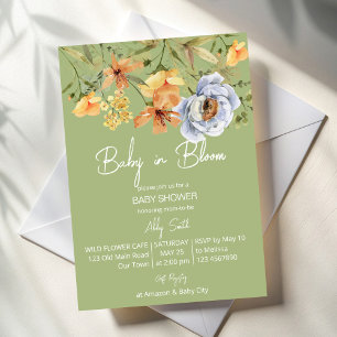 Baby i blomning sagegrön baby shower inbjudningar