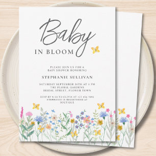 Baby i blomning Vilda blommor Fjärilar Barnkalas Inbjudningar