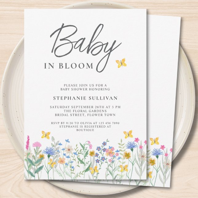 Baby i blomning Vilda blommor Fjärilar Barnkalas Inbjudningar (Skapare uppladdad)