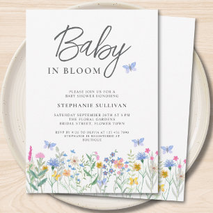 Baby i blomning Vilda blommor Fjärilar Barnkalas Inbjudningar