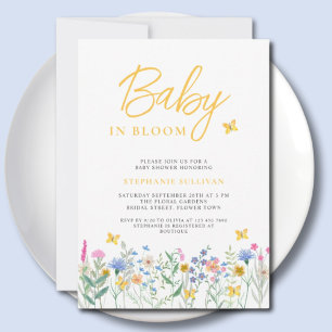 Baby i blomning Vilda blommor Fjärilar Bebis firan Inbjudningar