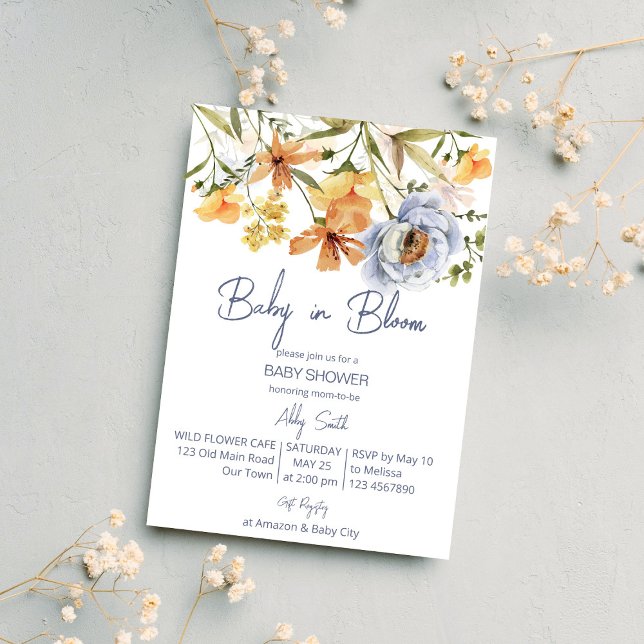 Baby i blomstrande babydusch för vilda blommor inbjudningar (Baby in bloom wildflowers spring summer baby shower invitation editable template instant download)