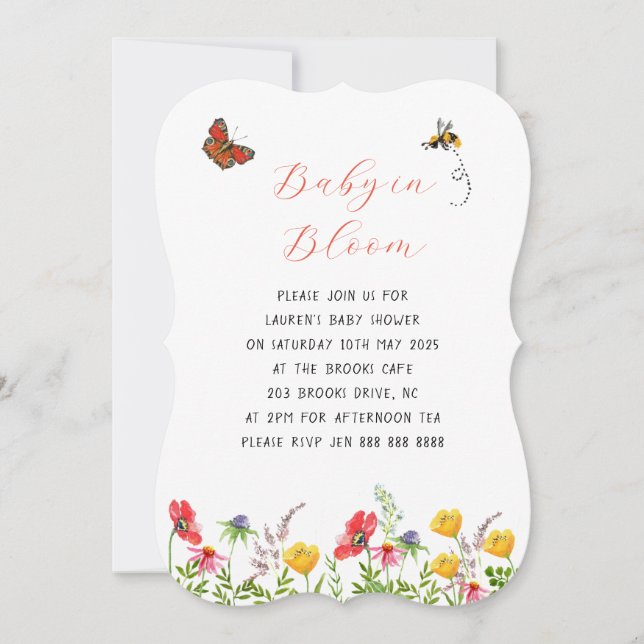 Baby i blomstrande blomsterträdgårds babyfirande inbjudningar (Framsida)