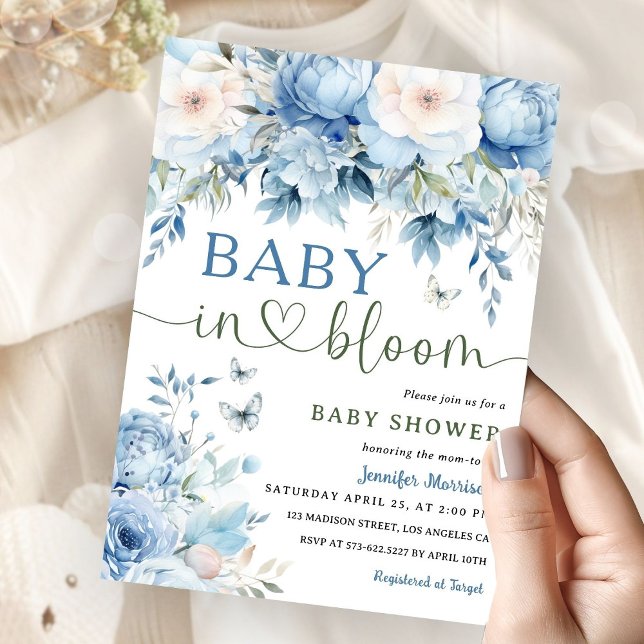 Baby i Bloom Baby Shower Boy Dusty Blue Blommigt Inbjudningar (Skapare uppladdad)