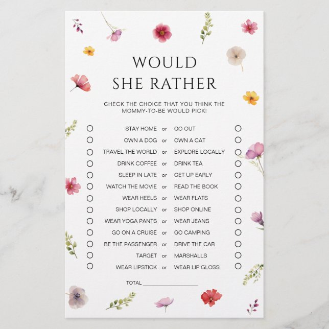 Baby i Bloom Baby Shower skulle hon hellre spela? (Framsida)