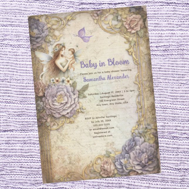 Baby i Bloom babyduschinbjudan Inbjudningar (Baby in Bloom baby shower invitation.  Fairy mom with baby fairy.  Antique vintage design.)
