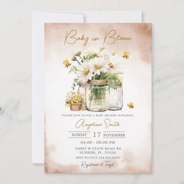 Baby i Bloom Bee Daisy Blommor Baby Shower Inbjudningar (Framsida)