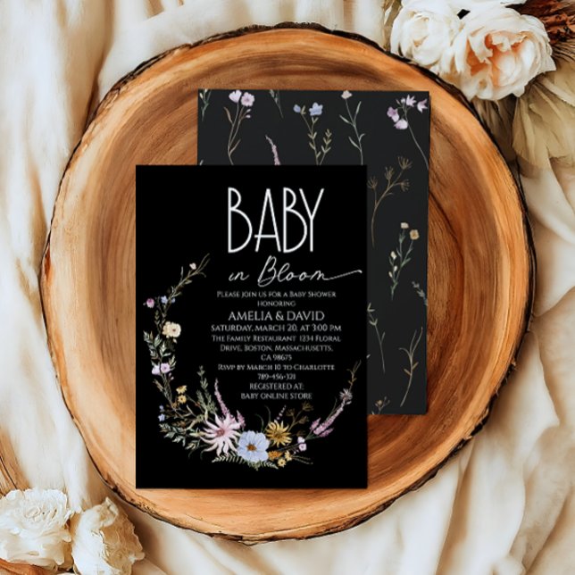 Baby i Bloom Black Wildblomme Baby Shower Inbjudningar (Skapare uppladdad)
