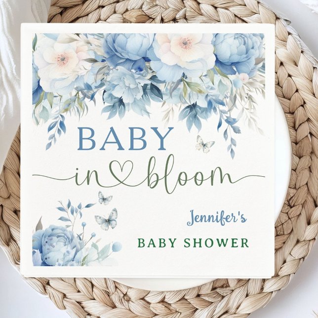 Baby i Bloom Blommigt Baby Shower Dusty Blue Pappersservett (Skapare uppladdad)
