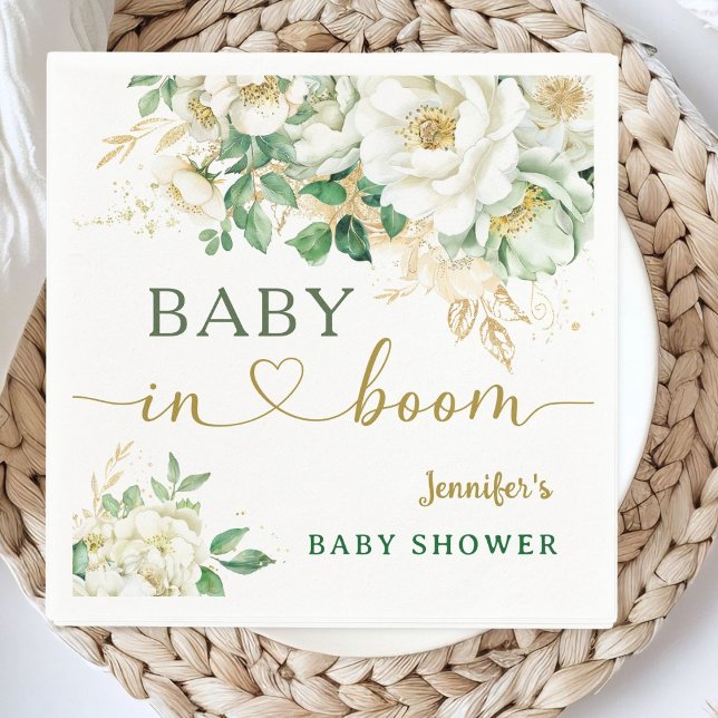 Baby i Bloom Blommigt Baby Shower Grönt Guld Pappersservett (Skapare uppladdad)
