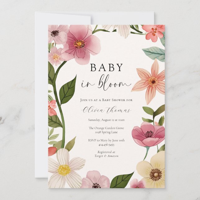 Baby i Bloom Blommigt Baby Shower Inbjudningar (Framsida)