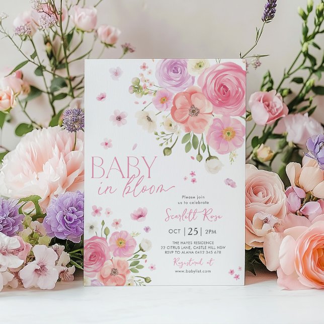 Baby i Bloom Blommigt Baby Shower Lila Rosa  Inbjudningar (Baby in Bloom | Pink Purple Floral Baby Shower Invitation)