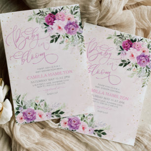 Baby i Bloom Blommigt Baby Shower Rosa Lila Inbjudningar
