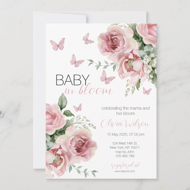 Baby i Bloom Blommigt & Butterfly Baby Shower Inbjudningar (Framsida)