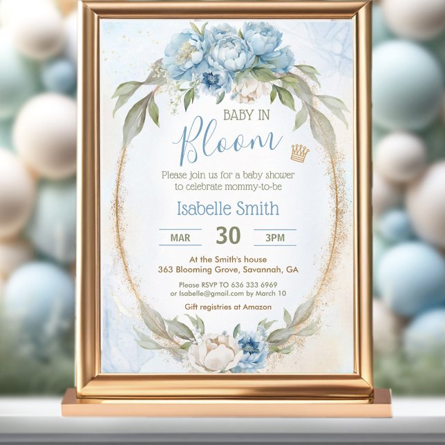 Baby i Bloom Blommigt Elegant Blue Boy Baby Shower Inbjudningar (Baby In Bloom Floral Elegant Blue Boy Baby Shower Invitation)