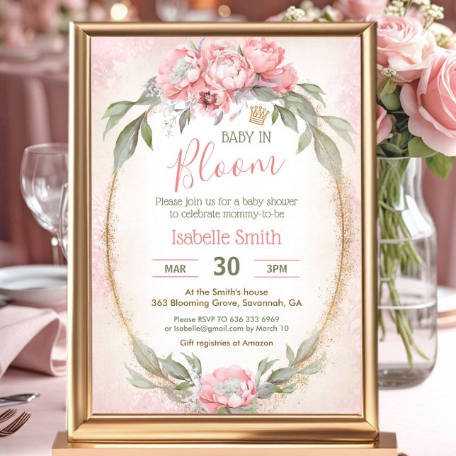 Baby i Bloom Blommigt Elegant Rosa Girl Baby Showe Inbjudningar (Baby In Bloom Floral Elegant Pink Girl Baby Shower Invitation)